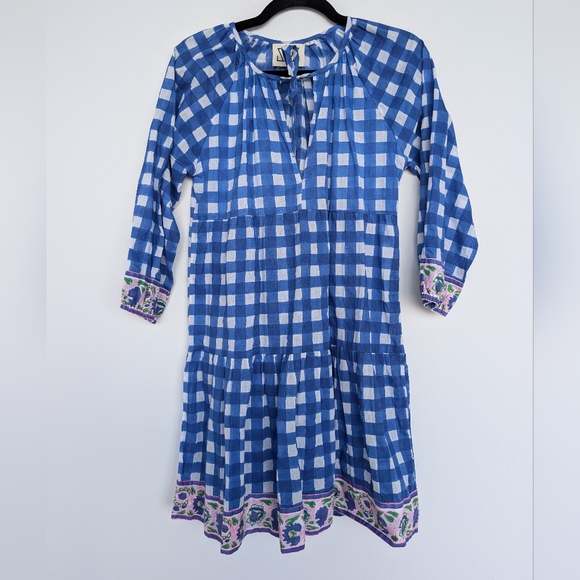 SZ Blockprints Tuckernuck Priya Dress London Blue Gingham Sz S Beachy Boho - Picture 2 of 14